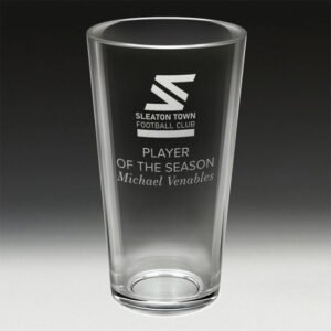 Engraved pint glass with football club logo and player of the season text