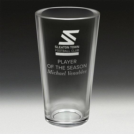 Engraved pint glass with football club logo and player of the season text