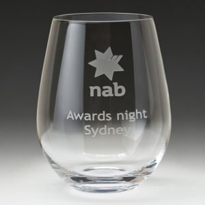 Engraved stemless wine glass with awards night logo and event text
