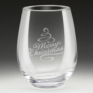 Engraved stemless wine glass with Merry Christmas festive design