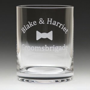 Engraved glass tumbler with wedding names and groomsmen text