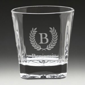 Engraved whisky tumbler with laurel wreath initial and personalised name