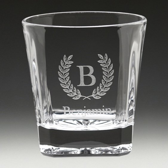 Engraved whisky tumbler with laurel wreath initial and personalised name