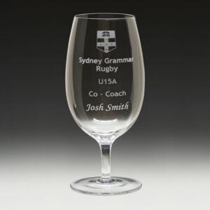 Engraved wine glass with rugby club logo and coach appreciation text