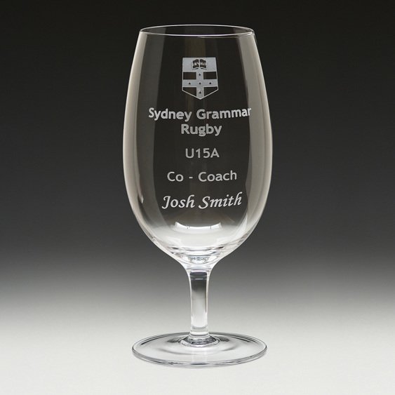 Engraved wine glass with rugby club logo and coach appreciation text