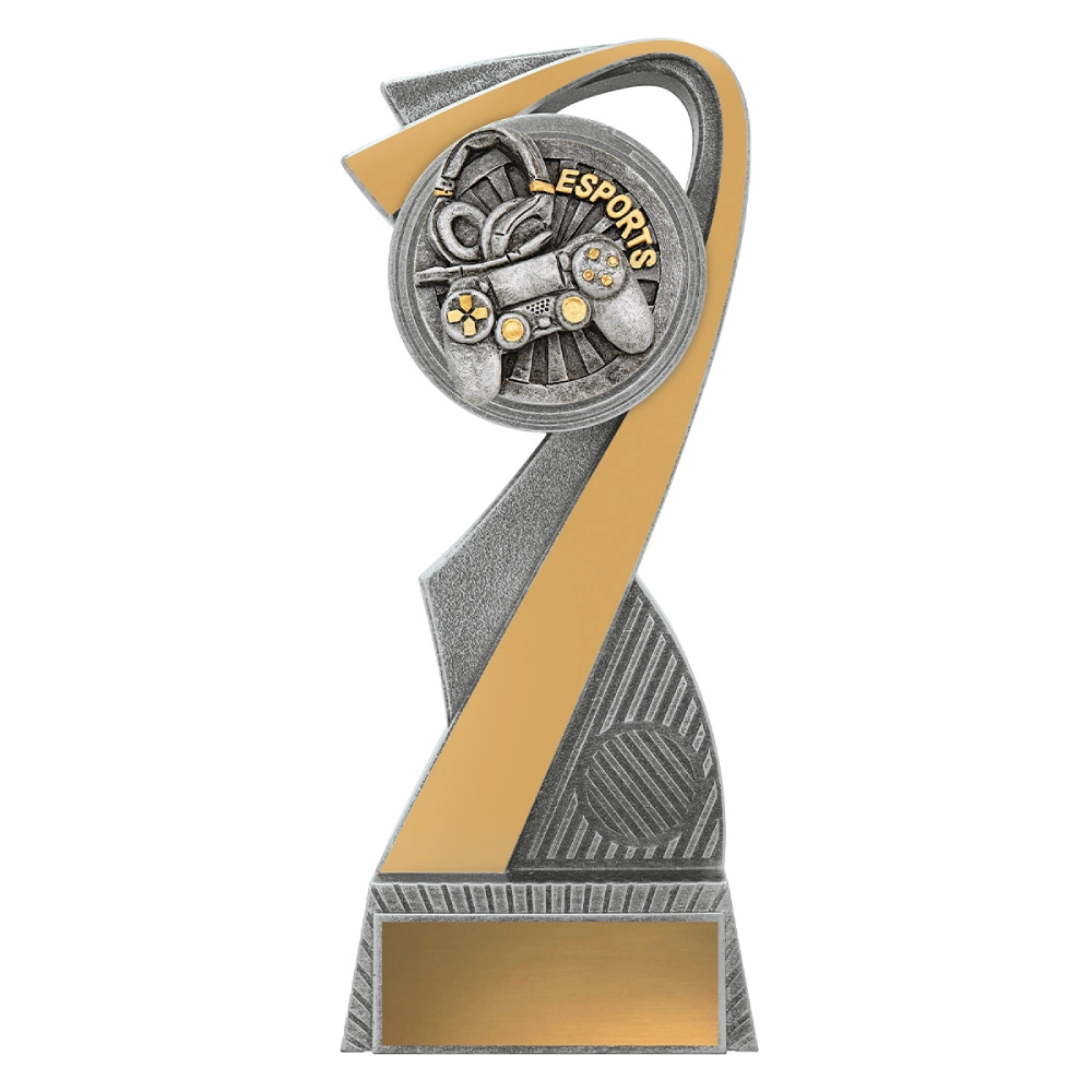 Extra large esports abstract swoosh trophy in silver and gold with controller and headset centre insert and engraving plate