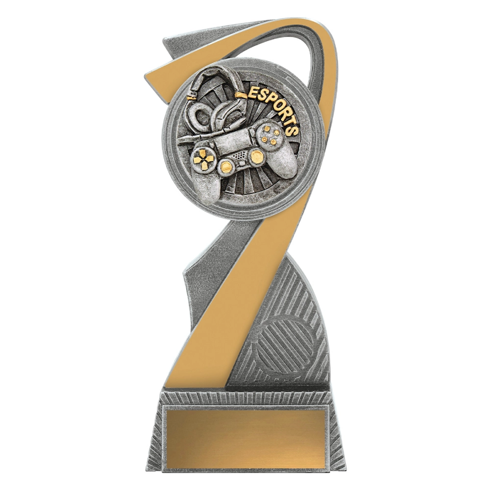 Large esports abstract swoosh trophy in silver and gold with controller and headset centre insert and engraving plate
