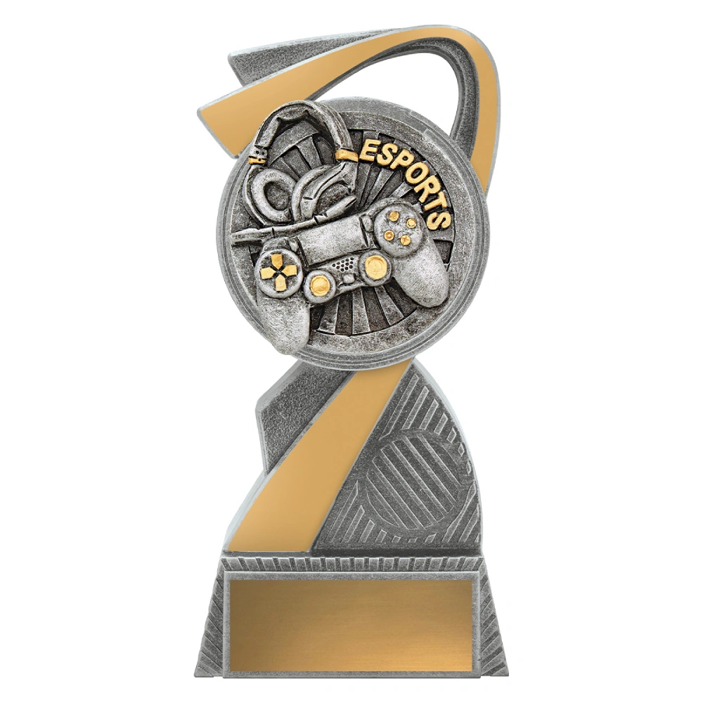 Medium esports abstract swoosh trophy in silver and gold with controller and headset centre insert and engraving plate