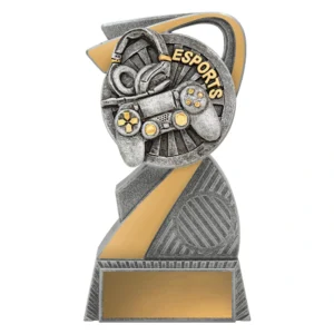 Small esports abstract swoosh trophy in silver and gold with controller and headset centre insert and engraving plate