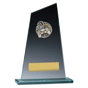 Esports black glass award plaque with controller and headset design and engraving plate