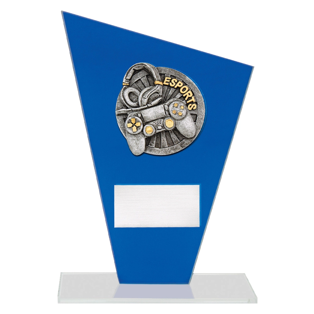 Esports blue glass trophy with controller and headset design and engraving plate