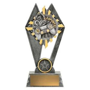 Small esports trophy in silver and gold with diamond shape sunburst design and controller and headset centre insert and engraving plate