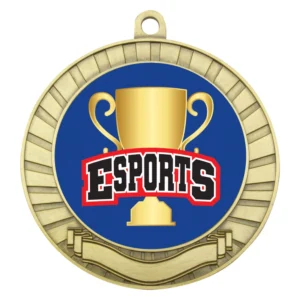 Gold esports medal with ribbon banner design and trophy centre insert