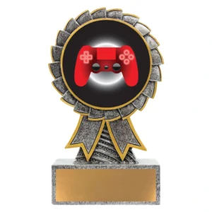 Esports rosette trophy in silver and gold with controller centre insert and engraving plate