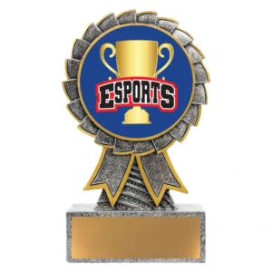 Esports rosette trophy in silver and gold with cup centre insert and engraving plate