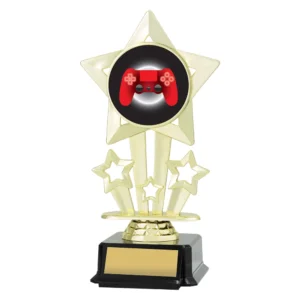 Gold esports trophy with large star design and controller centre insert with engraving plate