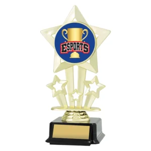 Gold esports trophy with large star design, cup centre insert, and engraving plate