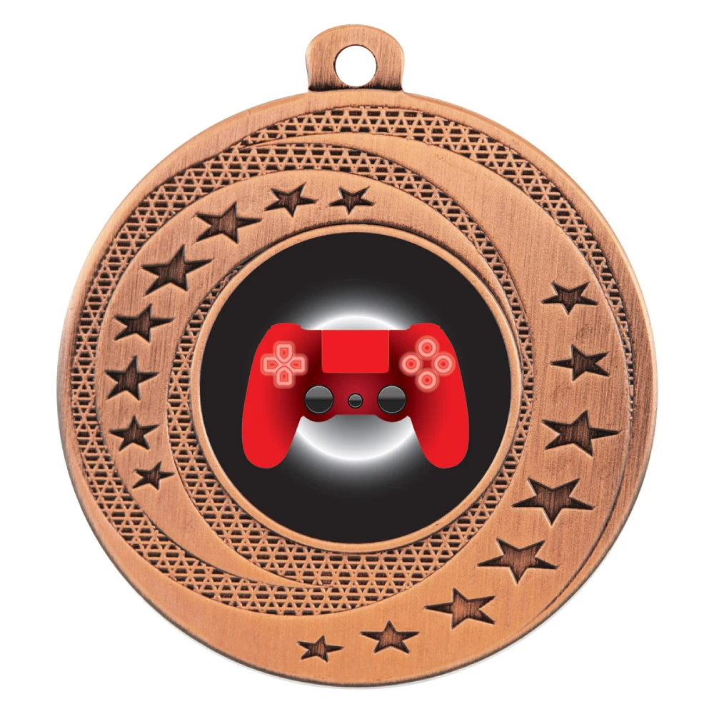 Bronze esports medal with stars border design and controller centre insert