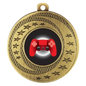 Gold esports medal with stars border design and controller centre insert