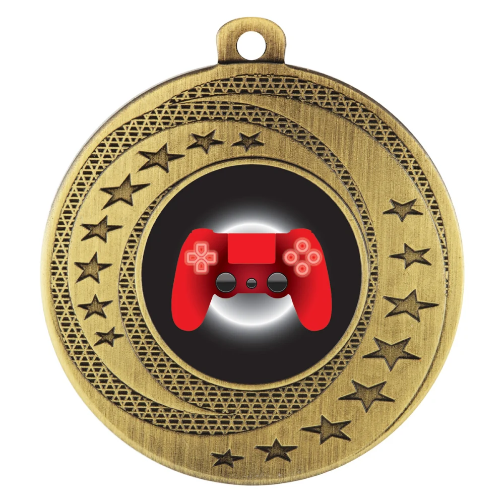 Gold esports medal with stars border design and controller centre insert