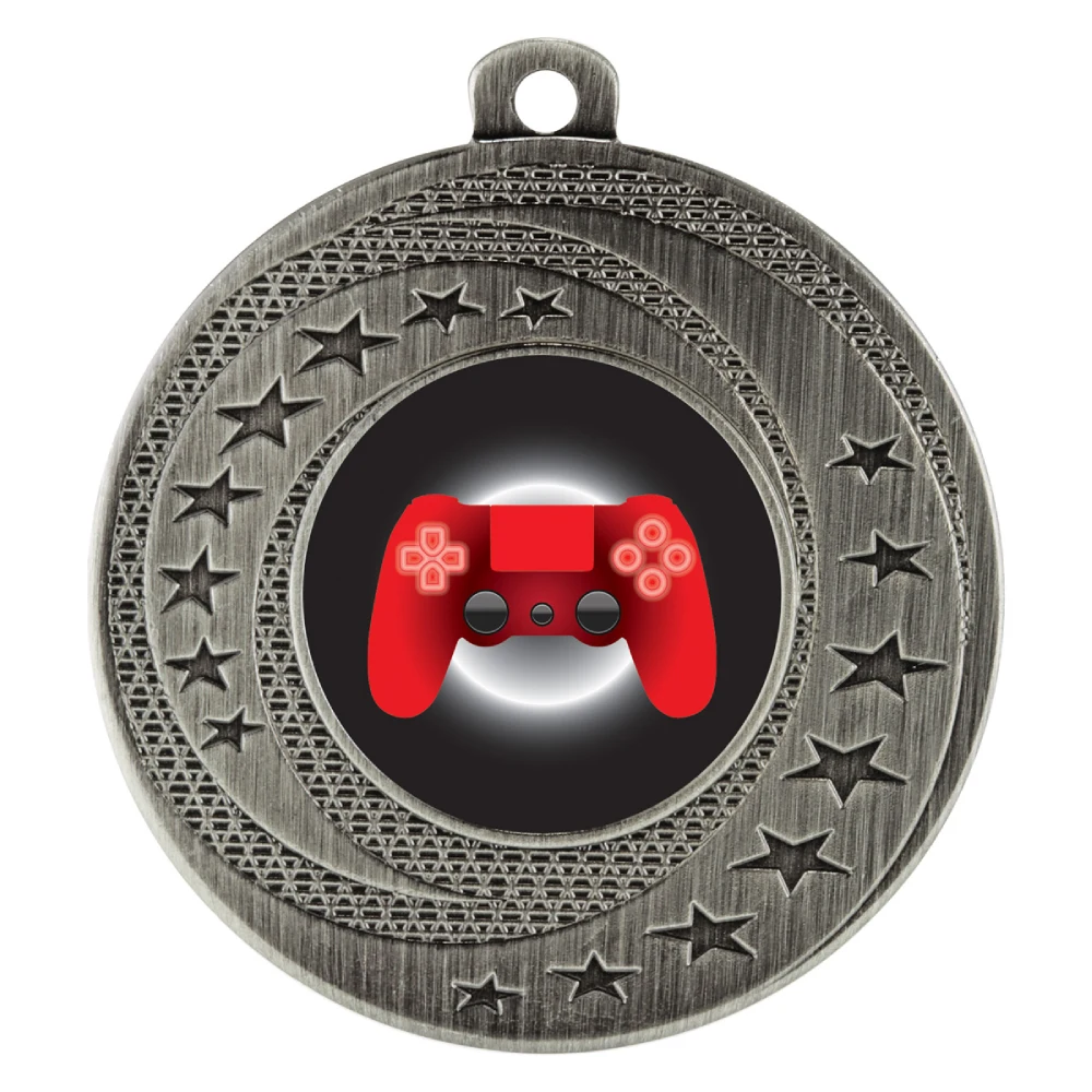 Silver esports medal with stars border design and controller centre insert