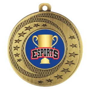 Gold esports medal with trophy centre insert and star pattern border