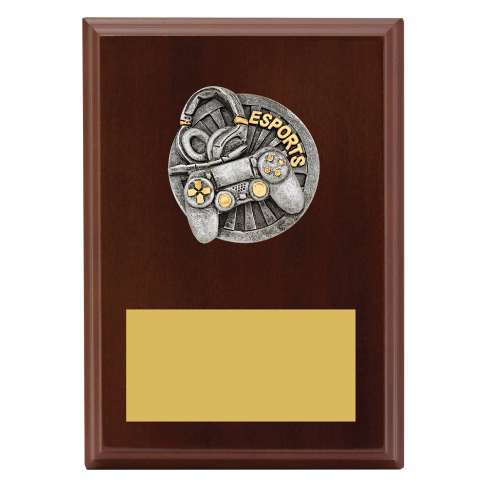 Medium esports wooden plaque award with controller and headset design and engraving plate