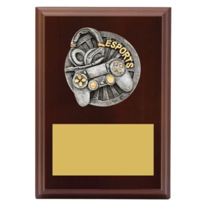 Small esports wooden plaque award with controller and headset design and engraving plate