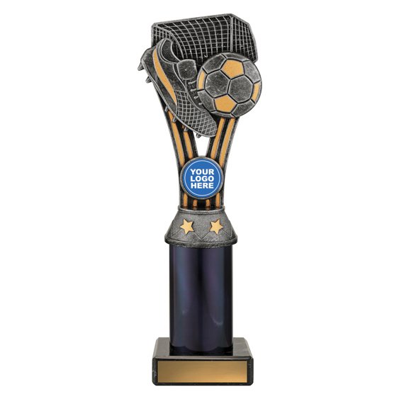 Extra large silver and gold soccer trophy with boot, ball, and goal net on black base.