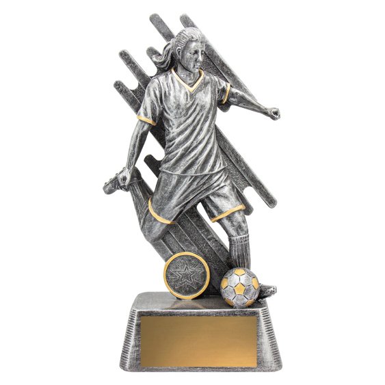 Extra large silver and gold female soccer trophy featuring player in action with abstract backdrop, star insert medallion and gold engraving plate on textured base.