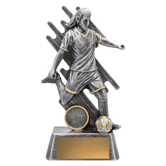 Large silver and gold female soccer trophy featuring player in action with abstract backdrop, star insert medallion and gold engraving plate on textured base.
