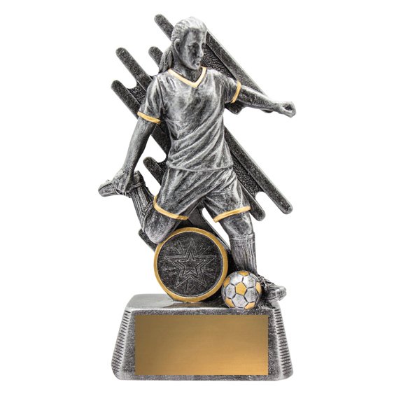 Medium silver and gold female soccer trophy featuring player in action with abstract backdrop, star insert medallion and gold engraving plate on textured base.