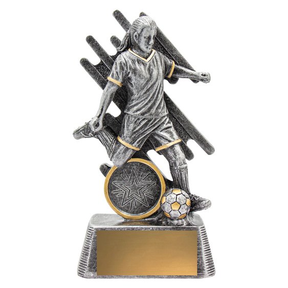 Small silver and gold female soccer trophy featuring player in action with abstract backdrop, star insert medallion and gold engraving plate on textured base.