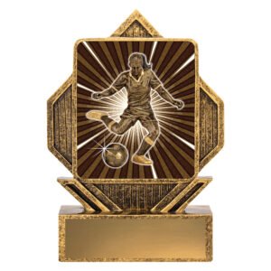 Gold soccer trophy with raised female player kicking a ball design on solid base.