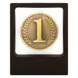 Square dark wood plaque with gold first place medal and laurel wreath insert behind clear panel