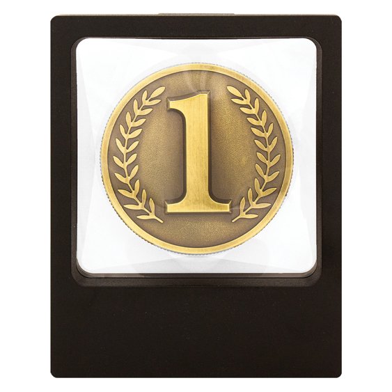 Square dark wood plaque with gold first place medal and laurel wreath insert behind clear panel
