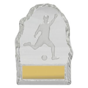 Clear crystal iceberg football award with frosted soccer player silhouette and rectangular engraving plate.