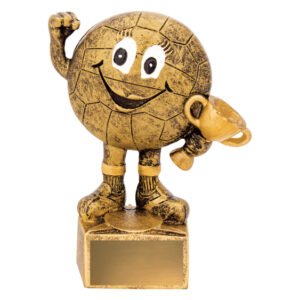 Cartoon style netball character trophy holding winner cup on base with blank gold engraving plate