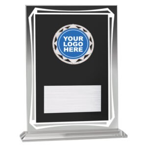 Glass award plaque with black background, silver border detail and engraved name plate