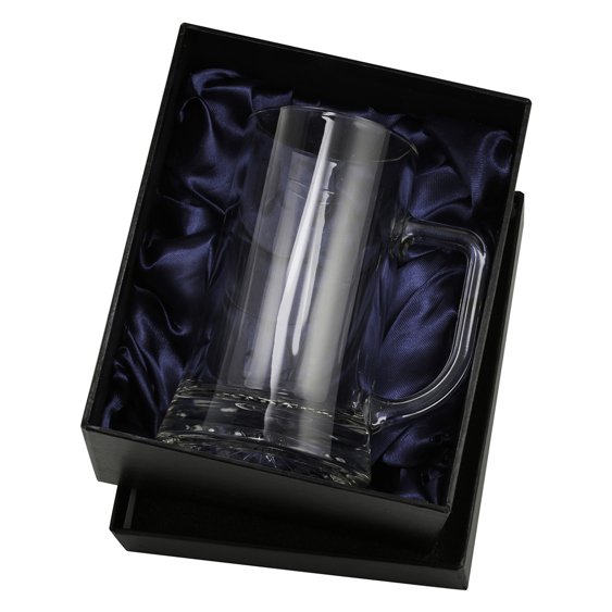 Clear glass beer mug in black presentation box with satin lining