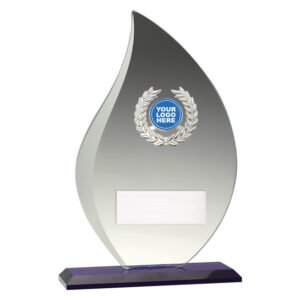 Small clear flame shaped glass award with silver laurel emblem and blank engraving plate on dark base