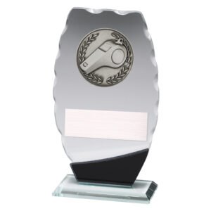 Small clear glass award with frosted edge and whistle emblem.