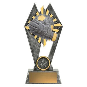 Silver and gold goalkeeper glove trophy with soccer ball, star emblem, angular backing panels, and rectangular base with plaque.