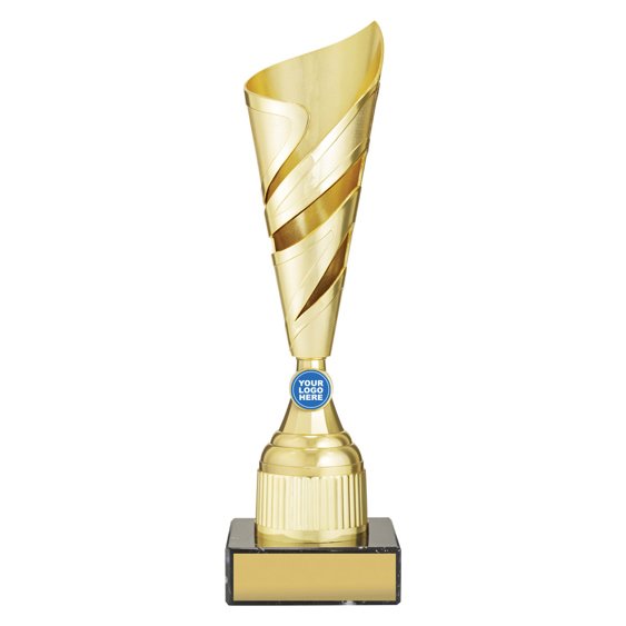 Extra large tall gold abstract swirl cup trophy with curved asymmetrical top, layered ribbon design across the body, round logo insert holder and black base with gold engraving plate.