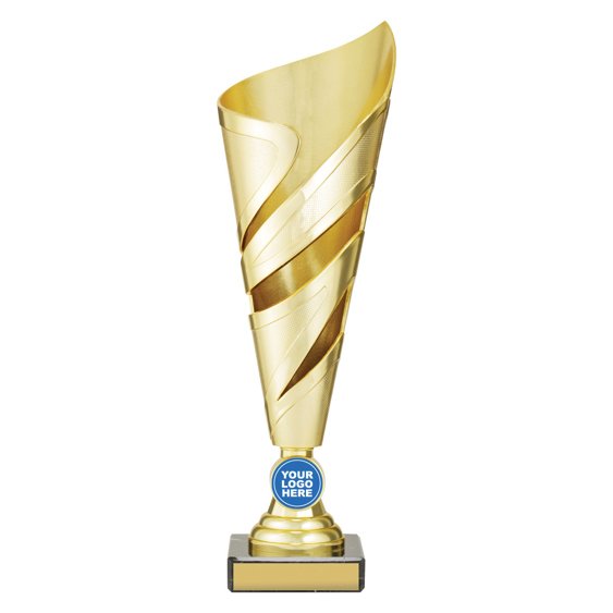 Extra small tall gold abstract swirl cup trophy with curved asymmetrical top, layered ribbon design across the body, round logo insert holder and black base with gold engraving plate.