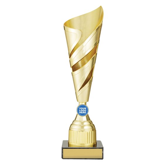 Large tall gold abstract swirl cup trophy with curved asymmetrical top, layered ribbon design across the body, round logo insert holder and black base with gold engraving plate.