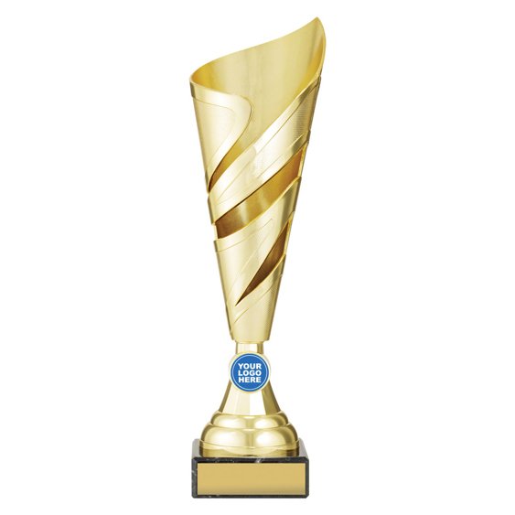 Medium tall gold abstract swirl cup trophy with curved asymmetrical top, layered ribbon design across the body, round logo insert holder and black base with gold engraving plate.