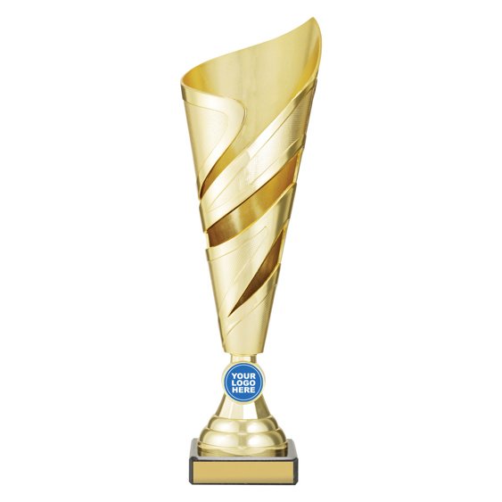 Small tall gold abstract swirl cup trophy with curved asymmetrical top, layered ribbon design across the body, round logo insert holder and black base with gold engraving plate.