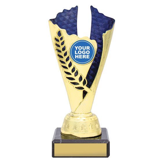 Extra small gold laurel trophy with blue textured insert, blue column centre and engraving plate on black base