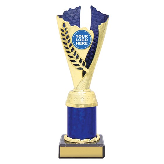 Medium gold laurel trophy with blue textured insert, blue column centre and engraving plate on black base